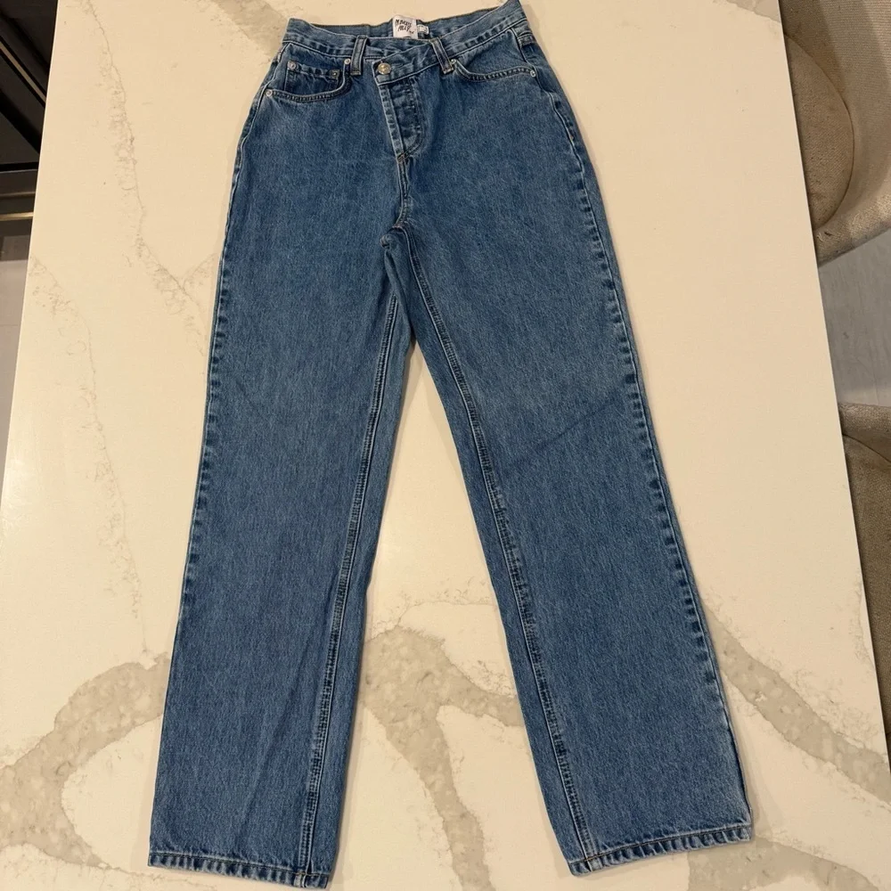 Princess Polly Holly Asymmetrical Straight Leg Denim Jean Womens 2 Mid Wash Blue